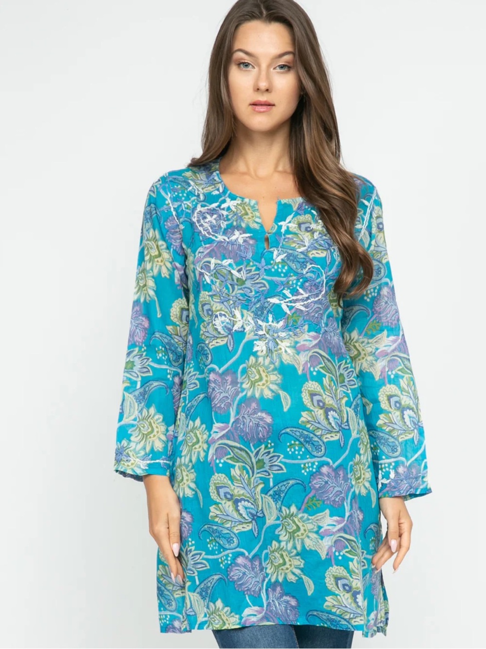 RAJ CARLYLE TURQUOISE/MULTI PRINTED EMBROIDERED TUNIC! Large